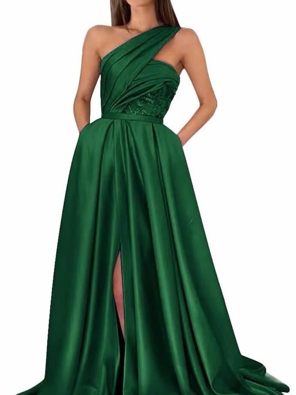 Elegant One-Shoulder Emerald Green Evening Gown